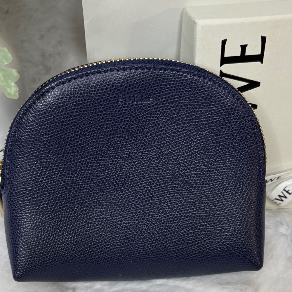 Furla Dark Blue Leather Pouch with Gold Zipper